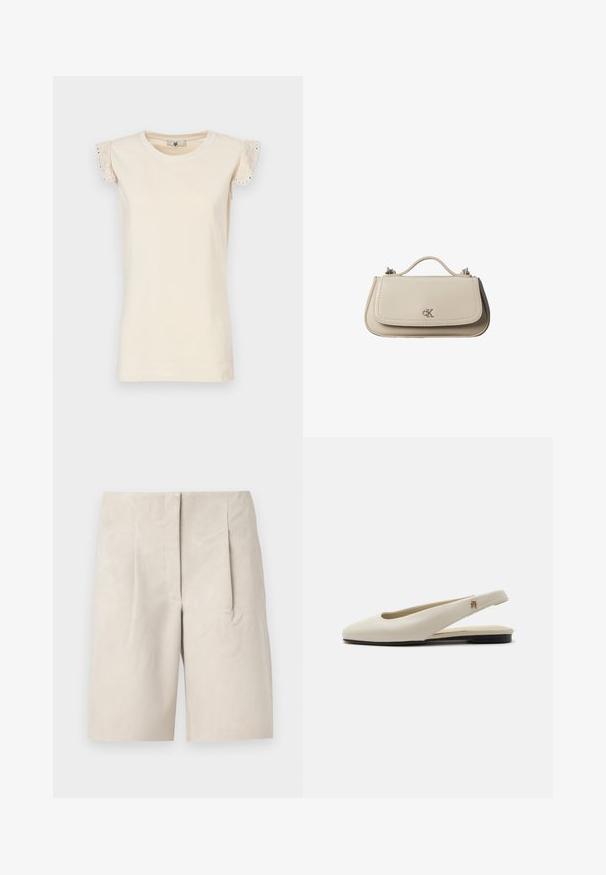 TWINSET Μπλούζα - almond beige/dark almond beige; Μπεζ σουέντ σορτσάκια με χαλαρή εφαρμογή, διαθέτουν δύο εμπρόσθιες πιέτες και καθαρό σχεδιασμό στη ζώνη. Λείο υλικό, μήκους μέχρι το μέσο του μηρού.; Κρεμ δερμάτινο φλατ παπούτσι slingback με στρογγυλεμένη μύτη και μικρό χρυσό έμβλημα στο λουράκι.; Μικρή μπεζ δερμάτινη τσάντα χειρός με επάνω λαβή και ασημένιο λογότυπο CK στη μπροστινή πτερύγιο, εμφανίζεται σε λευκό φόντο.