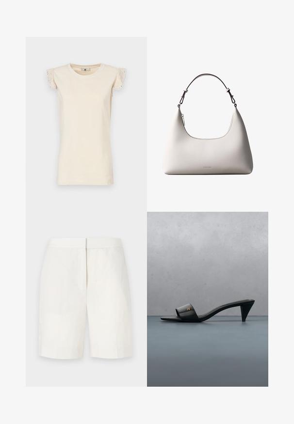 TWINSET Blúzka - almond beige/dark almond beige; Biele bavlnené šortky s rovný strihom, plochým predným dielom a jemnou štruktúrou. Obsahujú pás a nemajú viditeľné vrecká. Jednoduchý dizajn.; Čierna kožená sandála s opätkom a otvorenou špičkou, s zlatým logom na remienku, vznášajúca sa nad vonkajším dlaždeným povrchom s zeleňou v pozadí.; Krémová kožená kabelka Calvin Klein cez rameno s oblým horným okrajom, strieborným zipsom a tmavo hnedým nastaviteľným remienkom.