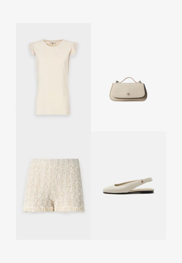 TWINSET Pluus - almond beige/dark almond beige; Valged tekstureeritud lühikesed püksid, millel on kudumise muster ja frantsi äär. Pehme materjal, millel on veidi koheline välimus, kujundatud mugavuseks.; Kreemikas nahast slingback-tasapinnaline king, millel on ümar ninaosa ja väike kuldne embleem rihmal.; Väike beež nahast käekott ülemise sangaga ja hõbedase CK logoga esiklapil, valgel taustal.