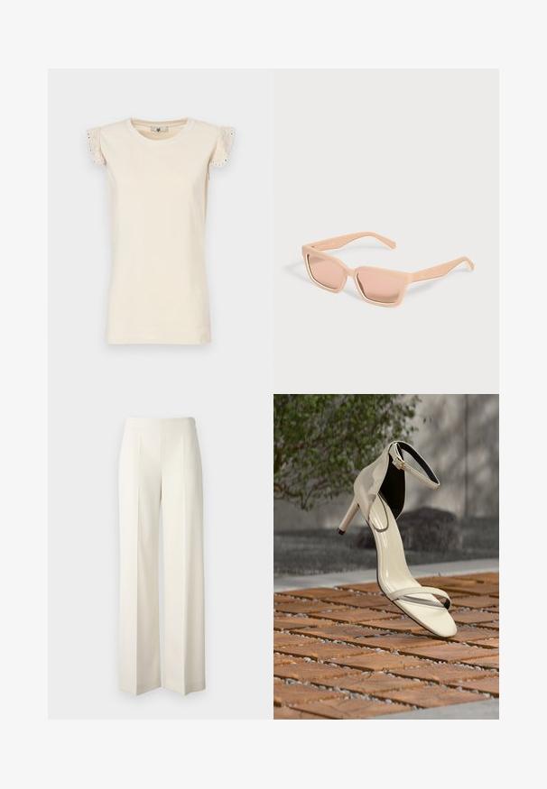 TWINSET Blouse - almond beige/dark almond beige; Witte wijde broekspijpen gemaakt van een soepel materiaal met voorplooien. Ontworpen met een hoge tailleband en een nette afwerking.; Beige sandaal met hoge hak en enkelriem, geplaatst op houten latten buiten, met vervaagde groene planten en betonnen achtergrond.; Rechthoekige lichtperzikkleurige zonnebril met dikke monturen en bijpassende getinte glazen op een effen lichte achtergrond.