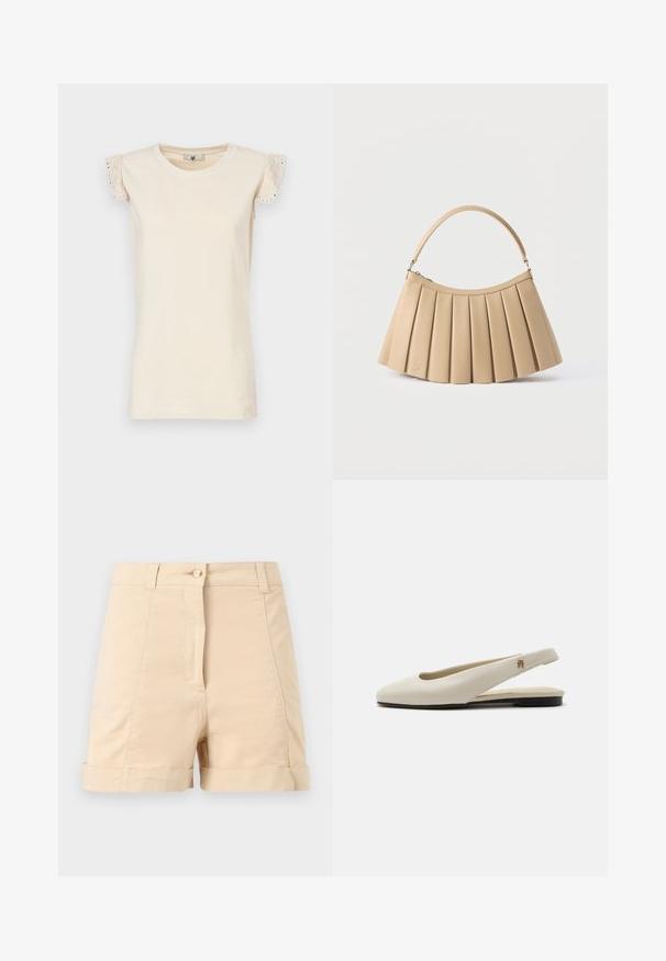 TWINSET Bluse - almond beige/dark almond beige; Beige shorts med høj talje, knaplukning, bæltestropper, syninger foran og opfoldede kanter på en lys grå baggrund.; Flatsko i cremefarvet læder med rundet tå og lille guldemblem på remmen.; Beige plisseret håndtaske med buet toplynlås og enkelt buet håndtag, vist på hvid baggrund.