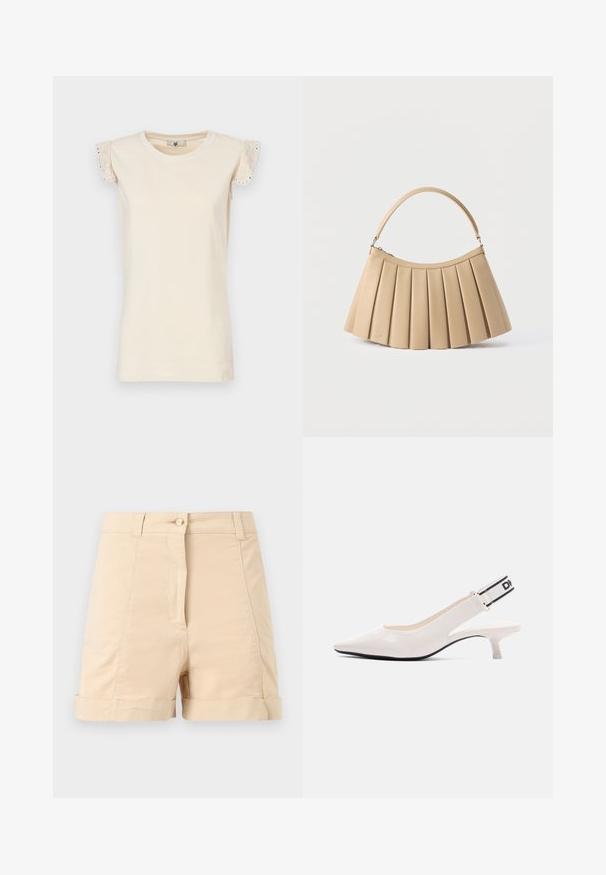 TWINSET Μπλούζα - almond beige/dark almond beige; Μπεζ σορτς ψηλής μέσης με κλείσιμο με κουμπί, θηλιές για ζώνη, ραμμένες μπροστινές ραφές και διπλωμένα τελειώματα σε ανοιχτό γκρι φόντο.; Λευκό παπούτσι σανδάλι από γυαλιστερό δέρμα με μυτερή μύτη, χαμηλό τακούνι τύπου kitten, και μαύρη και λευκή ελαστική λουρίδα με λογότυπο στη φτέρνα.; Μπεζ τσάντα με πιέτες, με κυρτό επάνω φερμουάρ και μία μονή καμπύλη λαβή, παρουσιασμένη σε λευκό φόντο.