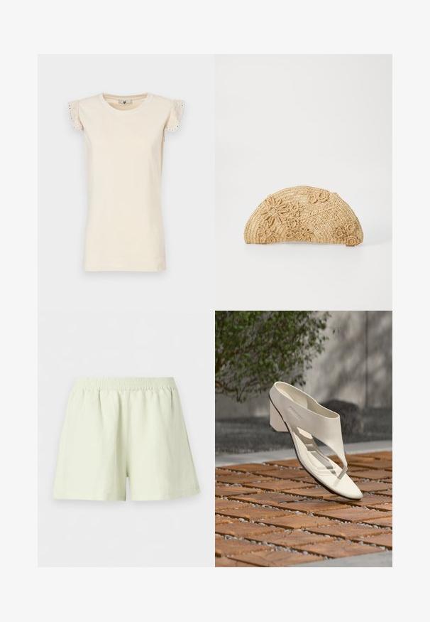 TWINSET Blouse - almond beige/dark almond beige; Shorts à taille élastique beige clair, coupe ample et design uni, présentés sur fond blanc.; Sandale à talon en cuir blanc avec une large bride et un entre-doigts, exposée en extérieur sur une surface carrelée en bois et en gravier avec de la verdure en arrière-plan.; Vanessa Bruno Pochette - naturel