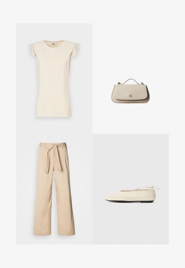 TWINSET Μπλούζα - almond beige/dark almond beige; Μπεζ παντελόνι με φαρδιά πόδια και ζώνη στη μέση, διαθέτοντας πιέτες μπροστά και λεία υφή. Δεν υπάρχουν τσέπες ή εμφανή σχέδια.; Κρεμ χρώματος φλατ παπούτσια με στρογγυλή μύτη, λουράκι στον αστράγαλο και μαύρη καουτσούκ σόλα. Λείο υλικό με ελάχιστες λεπτομέρειες.; Μικρή μπεζ δερμάτινη τσάντα χειρός με επάνω λαβή και ασημένιο λογότυπο CK στη μπροστινή πτερύγιο, εμφανίζεται σε λευκό φόντο.