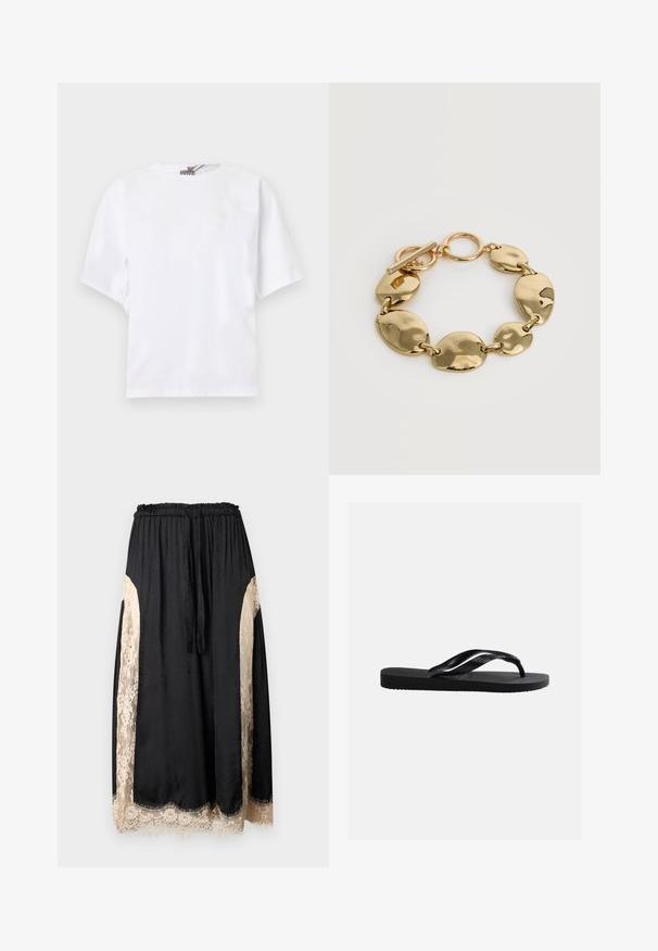 T-shirt blanc à manches courtes, col rond, coupe décontractée avec un détail discret froncé sur les côtés, présenté sur un fond clair.; Jupe midi noire avec panneaux latéraux en dentelle beige et ourlet, taille élastique avec cordon, présentée sur fond blanc.; Tongs en caoutchouc noir avec semelle texturée et bride en forme de Y, arborant un logo de marque discrètement embossé sur le côté.; Bracelet épais ton or avec des maillons ovales irréguliers grands et petits alternés et un fermoir toggle sur fond blanc.