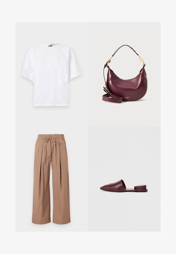 T-shirt blanc à manches courtes, col rond, coupe décontractée avec un détail discret froncé sur les côtés, présenté sur un fond clair.; Pantalon large marron clair avec taille élastique et cordon noué, avec plis à l'avant et poches latérales.; Mules slip-on en cuir bordeaux avec un bout pointu, un dos ouvert et un accent de talon rembourré. Texture lisse et design minimaliste.; Sac à main en cuir violet foncé en forme de croissant avec fermeture éclair dorée, bandoulière amovible et logo doré "LANCEL PARIS" à l'avant.