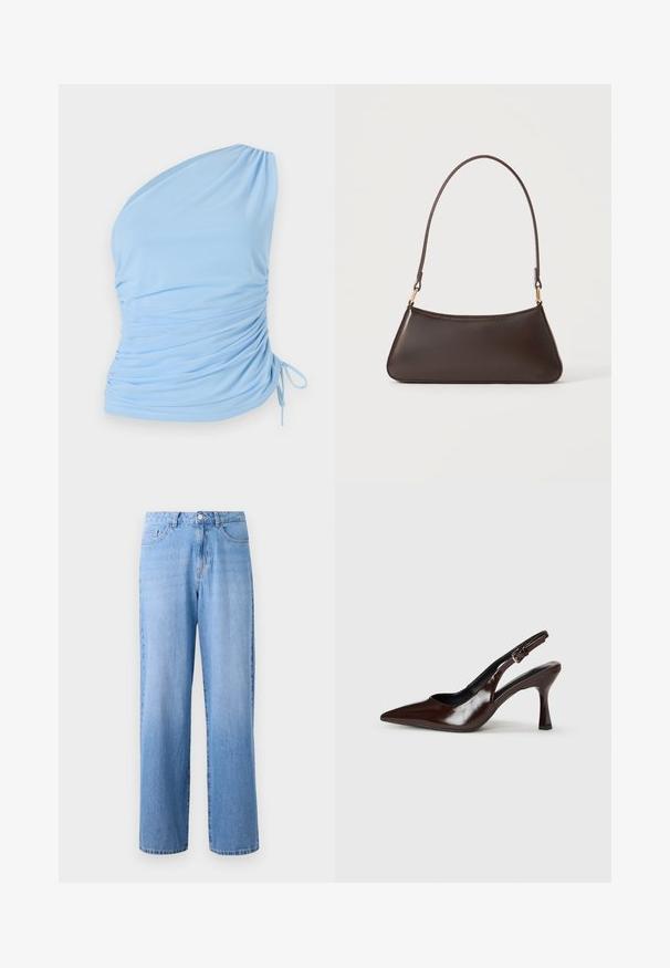 Haut bleu clair à une épaule en tissu doux. Présente des détails froncés sur le côté et un lien ajustable à l'ourlet. Texture lisse.; Jean en denim bleu clair à jambes larges avec une taille haute, cinq poches et une fermeture à bouton classique. Le tissu a une texture légèrement décolorée.; Talons slingback en cuir verni brun avec un bout pointu, un talon fin, et une sangle réglable avec une petite boucle.; Sac à main en cuir marron foncé avec une fermeture éclair incurvée en haut et une fine bandoulière avec des fermoirs dorés sur un fond uni.