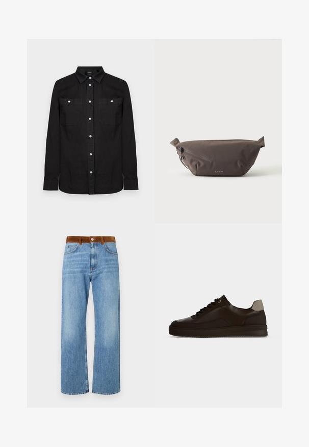 Chemise noire à manches longues avec col pointu et deux poches poitrine à l'avant, chacune fermée par un bouton blanc.; Jeans en denim bleu clair avec une coupe droite, dotés d'une taille en suède marron, de poches avant et d'une fermeture éclair.; Baskets basses en cuir marron foncé avec lacets noirs, semelle épaisse et languette beige au talon sur fond clair uni.; Sac banane en tissu marron foncé avec poche zippée en diagonale et petit logo blanc sur le devant, sur un fond clair uni.
