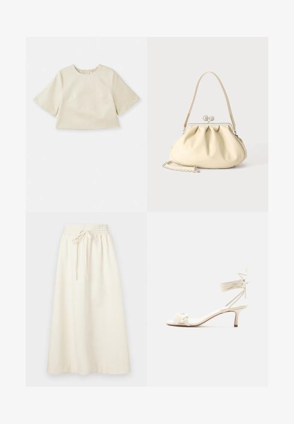 Crème-kleurige cropped top van glad materiaal, met korte mouwen, een ronde halslijn en subtiele naaddetails.; Soulland MEIR SKIRT - Maxirok - white; Roomkleurige sandalen met lage hak, enkelriempjes en een brede gedraaide band over de tenen, op een effen witte achtergrond.; Crèmekleurige zachte leren handtas met geplooid ontwerp, zilveren frame sluiting, korte handgreep en een afneembare kettingriem.