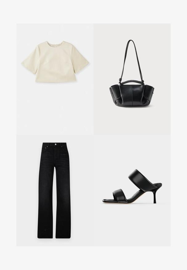 Cremefarvet cropped top lavet af glat materiale, med korte ærmer, rund halsudskæring og subtile syninger.; Sorte brede ben jeans lavet af denim. Har en høj talje, to forlommer og metalknaplukning. Struktureret overflade med minimal blege.; Sort læder mule sandal med to brede remme og en slank mellemhøj stiletthæl på en ensartet lys baggrund.; Sort læderhåndtaske med en buet silhuet, opsamlede sider, flettet håndtag og en lang tynd rem mod en hvid baggrund.