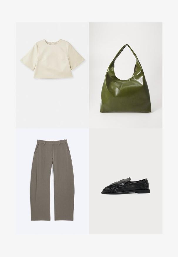 Crème-kleurige cropped top van glad materiaal, met korte mouwen, een ronde halslijn en subtiele naaddetails.; Rechte taupekleurige broek met riemlussen en zijzakken, platliggend op een witte achtergrond.; Zwarte leren loafer met een platte zool, franjes en kwastjes aan de voorkant, en een afgeronde neus.; Groene leren hobotas met een slordig ontwerp, gebogen handvat en een gladde textuur. Bevat geen zichtbare hardware of accenten.