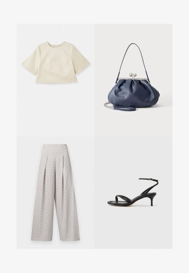 Crème-kleurige cropped top van glad materiaal, met korte mouwen, een ronde halslijn en subtiele naaddetails.; Lichtgrijze wijde broek met een textuurpatroon dat lijkt op kleine driehoeken, met een hoge taille en plooien voor extra structuur.; Zwarte leren dames sandaal met dunne bandjes, een teengreep, een enkelgesp en een stilettohak van gemiddelde hoogte op een neutrale achtergrond.; Zachte navyblauwe leren handtas met zilveren sluiting, enkele schouderband en afneembare ketting polsband op witte achtergrond.