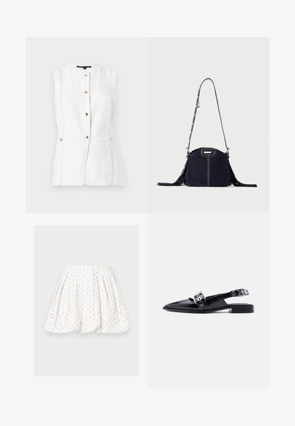 Gilet blanc sans manches avec des boutons dorés sur le devant et une bordure verticale en dentelle décorative des deux côtés.; Jupe plissée blanche avec un motif délicat de sequins dorés et beiges disposés en lignes verticales et petits groupes.; Ballerine pointue en cuir verni noir avec double boucle argentée et talon slingback sur fond blanc.; Sac à main en daim bleu foncé avec des coutures blanches, une poignée découpée, une bandoulière à motif et de longues franges des deux côtés.