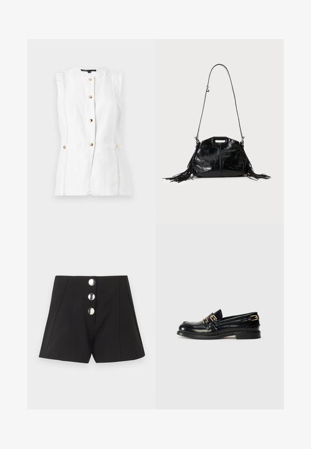 Gilet blanc sans manches avec des boutons dorés sur le devant et une bordure verticale en dentelle décorative des deux côtés.; Shorts noirs taille haute avec trois grands boutons argentés sur le devant et des coutures verticales apparentes.; Mocassins en cuir noir avec une finition brillante, dotés de deux boucles dorées et d'un talon bas. Texture lisse avec un design à bout arrondi.; Sac à main en cuir noir brillant avec une longue fine bandoulière et des pompons à franges des deux côtés sur un fond clair.