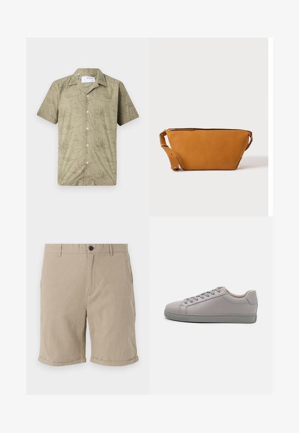 Kurzarmhemd in hellolivgrün mit Floral-Muster. Verfügt über einen Kragen, fünf Knöpfe und einen weichen, strukturierten Stoff.; Beige Leinen-Shorts mit Knopfverschluss, flacher Front, Seitentaschen und umgeschlagenen Säumen, die aus einem strukturierten Stoff für Atmungsaktivität bestehen.; Graue Ledersneaker mit glatter Oberfläche, flachen Schnürsenkeln, abgerundetem Zehenbereich und einer kontrastierenden grauen Gummisohle. Minimalistisches Design und Textur.; Hellbraune Leder-Umhängetasche mit verstellbarem Schulterriemen und Reißverschluss, vor einem schlichten hellen Hintergrund gezeigt.