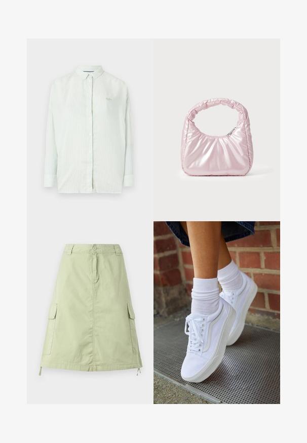 Camisa de botones a rayas verde claro con cuello, mangas largas y un sutil logo de marca en el pecho; fabricada con un tejido suave.; Falda de algodón verde claro, hasta la rodilla, con dos bolsillos laterales tipo cargador, cierre de botón y un corte recto relajado. Textura lisa.; Zapatillas de lona blancas con suelas de goma, que presentan seis ojales, puntera redonda y detalles de costura ligera, combinadas con calcetines blancos hasta el tobillo.; Bolso de mano acolchado en color rosa con un diseño redondeado, fabricado en material brillante. Presenta un asa fruncida y un cierre de cremallera para un acceso seguro.