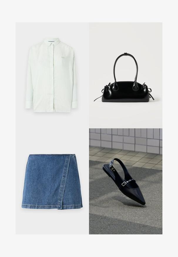 Hele roheline triibuline nööbiga särk, millel on krae, pikad varrukad ja diskreetne brändi logo rinnal; valmistatud siledast kangast.; Keskmise sinise värvi denim-seelik, millel on ümbriste disain, nähtavad õmblused ja sirge ääre.; Mustad terava ninaga madalad slingback-tossud topeltpandlatega, mis on asetatud hallile asfaldile plaatseina taustal.; Väike must läikiv käekott kahe pika sangaga ja külgedel paelakinnitustega, ühel lihtsal helel taustal.