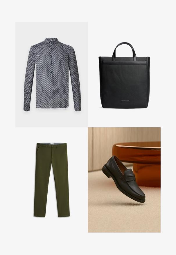 Chemise à manches longues de couleur bleu marine foncé avec un motif floral blanc répété. Dotée d'un col pointu et de boutons sur le devant. Texture de tissu lisse.; Pantalon chino slim vert olive avec bouton et fermeture éclair à l’avant, poches latérales et passants pour ceinture, posé à plat sur fond blanc.; Mocassin homme en cuir noir avec une bande sur le dessus, présenté sur un tapis beige près d'une table ronde moderne marron.; Sac cabas en cuir noir avec des poignées courtes et un petit logo Tommy Hilfiger centré près du bas à l'avant.