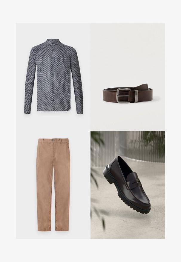 Chemise à manches longues de couleur bleu marine foncé avec un motif floral blanc répété. Dotée d'un col pointu et de boutons sur le devant. Texture de tissu lisse.; TOM TAILOR REGULAR WASHED - Chino - caribou beige; Mocassins en cuir marron avec une semelle en caoutchouc texturée et striée. Présente un design épuré et une sangle décorative sur le cou-de-pied.; Ceinture en cuir marron foncé avec une boucle rectangulaire en argent, enroulée et placée sur un fond clair et neutre.