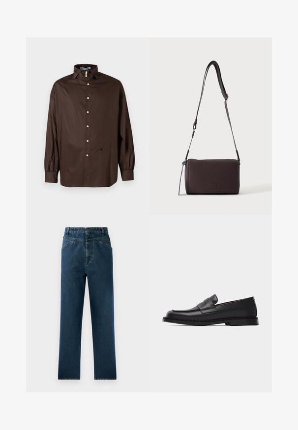 Chemise longue à manches marron en tissu lisse avec un col classique, fermeture à boutons sur le devant et poignets élastiqués ; présente un détail logo subtil.; Jean droit en denim bleu foncé avec taille haute, comprenant des poches avant et une fermeture à bouton. Tissu texturé avec un léger dégradé.; Mocassin penny en cuir noir avec un petit talon, un bout arrondi et une bride décorative sur le dessus, posé sur un fond clair uni.; Sac bandoulière en cuir marron foncé texturé avec une sangle réglable et un petit accent décoratif bleu sur le côté.
