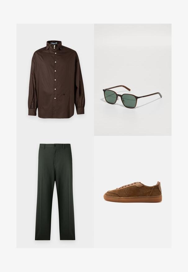 Chemise longue à manches marron en tissu lisse avec un col classique, fermeture à boutons sur le devant et poignets élastiqués ; présente un détail logo subtil.; Pantalon vert foncé avec une coupe droite, des passants pour ceinture, une fermeture par bouton et des poches avant et arrière avec une texture lisse.; Baskets basses en daim marron avec lacets assortis et semelle en gomme, vues de côté sur un fond uni.; Lunettes de soleil carrées avec des verres teintés vert foncé, monture marron et accents métalliques discrets. Branches robustes avec une texture lisse.