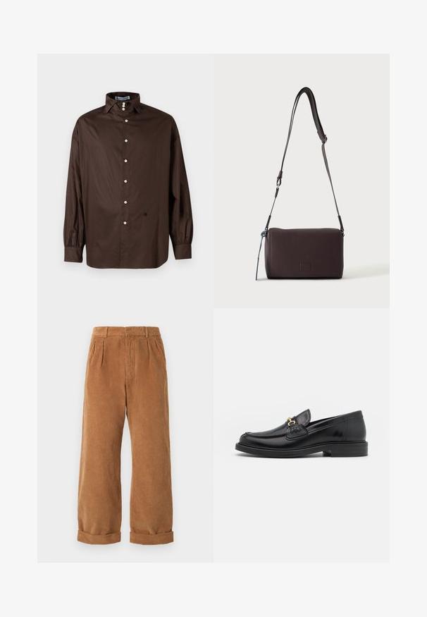 Braun langærmet skjorte i et glat stof med klassisk krave, frontlukning med knapper og elastiske manchetter; har et diskret logodetalje.; Brune kordfløjspants med bred ben-design, der har frontfolder og opfoldede kanter. Stoffet har et tekstureret, ribbet udseende.; Sorte læder loafers med en rund tå, der har guld hardware accent og syningsdetaljer, placeret på en lav, tekstureret gummisål.; Mørkebrun textured læder crossbody taske med justerbar rem og lille dekorativ blå accent på siden.