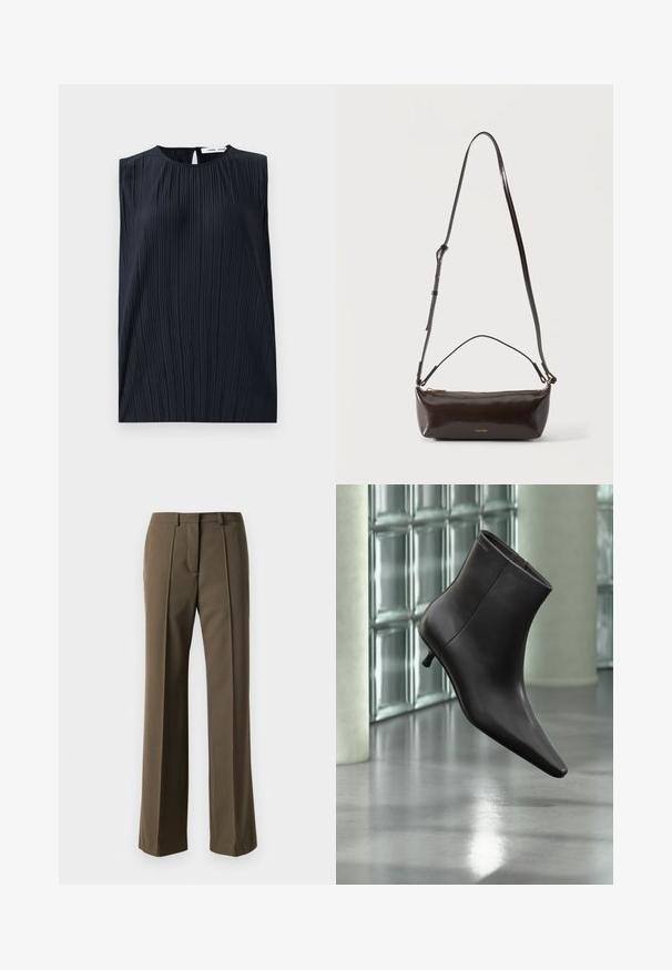 Haut sans manches noir avec un col rond et un dos en trou de serrure. Présente des plis verticaux pour ajouter de la texture. Tissu lisse avec un léger éclat.; Pantalons marron ajustés avec une coupe droite, devant plissé et taille classique. Fabriqués en tissu lisse avec une finition raffinée.; Bottine en cuir noir avec bout pointu et petit talon, présentée devant un mur en blocs de verre et un sol poli.; Petit sac à bandoulière en cuir marron foncé brillant avec bandoulière réglable, poignée supérieure et fermeture éclair dorée.