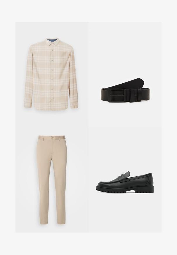 Beige Karo-Hemd mit langen Ärmeln, einer Button-Down-Kragen, Vorderknöpfen und subtilen blauen Akzenten am Halsauschnitt. Hergestellt aus weichem Stoff.; Beige Hosen aus glattem Stoff, mit einem Knopfverschluss, geradem Schnitt und gestickten Saumdetails. Einfaches Design ohne Muster.; Schwarze Lederloafer mit runder Zehenform, ausgestattet mit einem gesteppten Design, niedrigem Plattformsohle und einer strukturierten, genoppten Gummisohle.; Schwarzledergürtel mit einer mattscharzen rechteckigen Metallschnalle und zwei Gürtelschlaufen auf weißem Hintergrund.