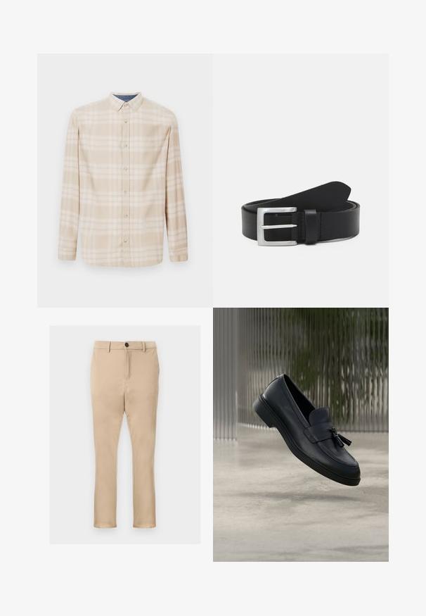 Beige Karo-Hemd mit langen Ärmeln, einer Button-Down-Kragen, Vorderknöpfen und subtilen blauen Akzenten am Halsauschnitt. Hergestellt aus weichem Stoff.; Beige Chinos aus glattem Stoff, mit geradem Beinschnitt, Fronttaschen und einem einzelnen schwarzen Knopfverschluss an der Taille.; Schwarze Leder-Loafer mit glatter Textur, gerundeter Zehenpartie und dekorativen Quasten vorne. Flexible Gummisohle mit niedrigem Absatz.; Schwarzer Leder Gürtel mit glatter Textur, silberner rechteckiger Schnalle und einer Schlaufe für das Ende. Verfügt über eine saubere Naht entlang der Kanten.