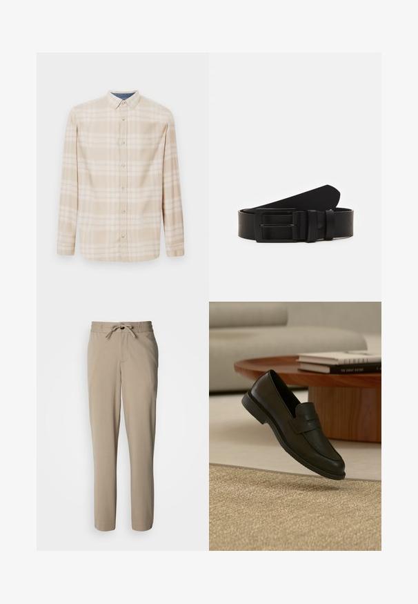 Beige Karo-Hemd mit langen Ärmeln, einer Button-Down-Kragen, Vorderknöpfen und subtilen blauen Akzenten am Halsauschnitt. Hergestellt aus weichem Stoff.; Beige Hose aus weichem Stoff, mit einem Tunnelzug an der Taille und einem lockeren Schnitt, geraden Beinen und ohne sichtbare Taschen.; Schwarzer Lederloafer-Schuh schwebt über einem beige gewebten Teppich, mit einem Holztisch und gestapelten Büchern in einem sanft beleuchteten Wohnzimmer.; Schwarzledergürtel mit einer mattscharzen rechteckigen Metallschnalle und zwei Gürtelschlaufen auf weißem Hintergrund.