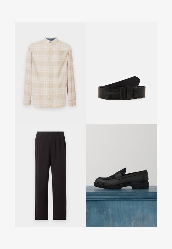 Beige Karo-Hemd mit langen Ärmeln, einer Button-Down-Kragen, Vorderknöpfen und subtilen blauen Akzenten am Halsauschnitt. Hergestellt aus weichem Stoff.; Schwarze, hoch taillierte, maßgeschneiderte Hose mit Falten, Knopfverschluss, Gürtelschlaufen und geraden Beinen auf einem schlichten hellen Hintergrund.; Schwarzer Slip-on-Schuh aus Leder mit einem strukturierten Stoffakzent, einer robusten Gummisohle und einer glatten Oberfläche. Verfügt über dezente Nahtdetails.; Schwarzledergürtel mit einer mattscharzen rechteckigen Metallschnalle und zwei Gürtelschlaufen auf weißem Hintergrund.