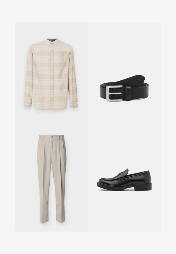 Beige Karo-Hemd mit langen Ärmeln, einer Button-Down-Kragen, Vorderknöpfen und subtilen blauen Akzenten am Halsauschnitt. Hergestellt aus weichem Stoff.; Beige Herrenanzughose mit Bügelfalten, Gürtelschlaufen, Knopfverschluss und geradem Bein, vor weißem Hintergrund.; Schwarze Lederloafers mit runder Zehenform, eleganter Schlupfdesign und dicker Gummisohle mit strukturiertem Griff. Erhöhter Absatz und dezente Nähdetails.; Schwarzer Leder Gürtel mit glatter Textur, silberner rechteckiger Schnalle und einer Schlaufe für das Ende. Verfügt über eine saubere Naht entlang der Kanten.