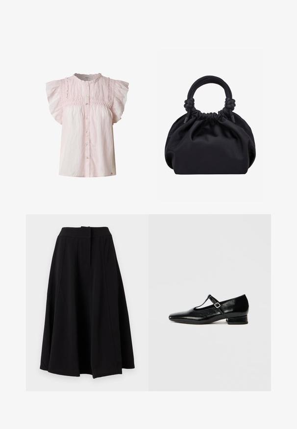 Blusa rosa claro con mangas cortas abullonadas, cuerpo fruncido, escote redondo y cierre de botones en la parte frontal. Hecha de una tela ligera con una textura suave.; Falda midi negra de corte en A con cinturilla ancha y detalles de costuras verticales visibles, mostrada sobre un fondo liso.; Zapatos Mary Jane de cuero negro con punta puntiaguda, tacón pequeño de bloque y correa ajustable con hebilla plateada. Textura lisa y brillante.; Bolso de mano de tela negra suave con parte superior fruncida y asas acolchadas circulares atadas con nudos a cada lado.