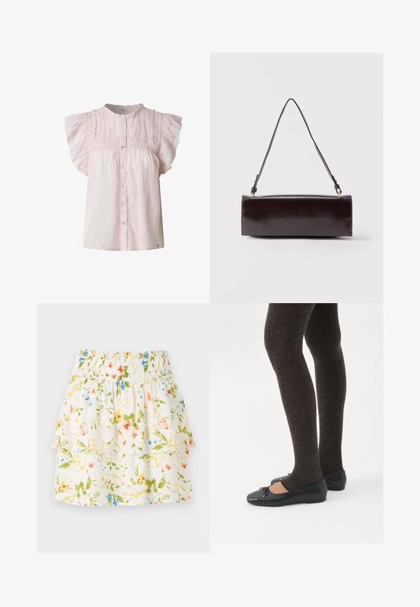 Blusa rosa claro con mangas cortas abullonadas, cuerpo fruncido, escote redondo y cierre de botones en la parte frontal. Hecha de una tela ligera con una textura suave.; Falda de estampado floral con cintura fruncida, capas con volantes y fondo blanco que presenta flores en verde, rojo y azul.; Piernas con leggings oscuros acanalados combinados con bailarinas negras que presentan pequeños detalles de lazo sobre un fondo blanco.; Bolso rectangular de cuero negro con una sola correa larga y acabado brillante, exhibido sobre un fondo blanco liso.