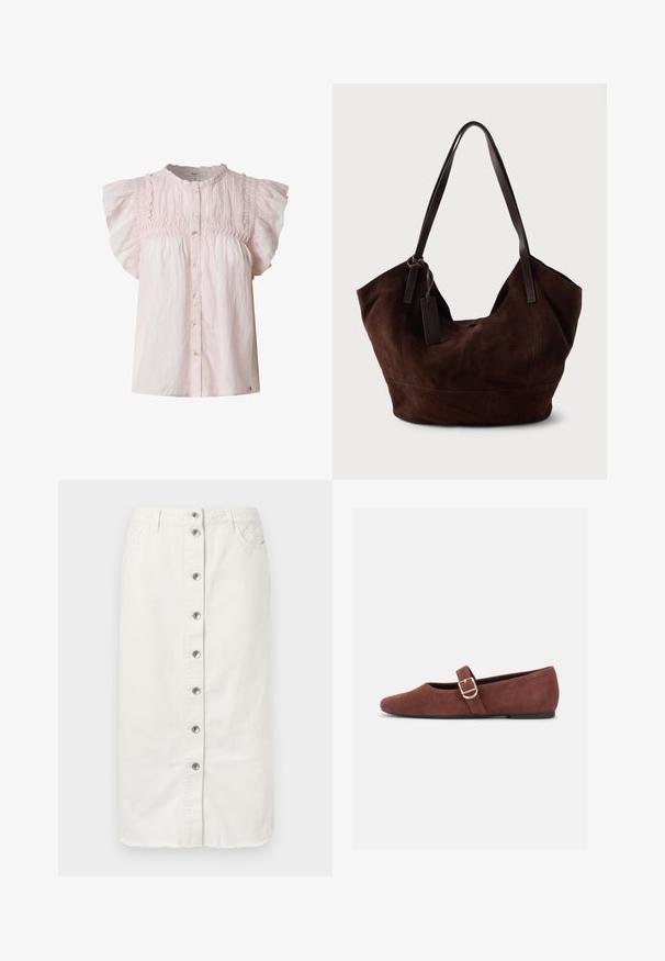 Blusa rosa claro con mangas cortas abullonadas, cuerpo fruncido, escote redondo y cierre de botones en la parte frontal. Hecha de una tela ligera con una textura suave.; Falda midi de denim blanco con cierre de botones en el frente, dos bolsillos laterales y acentos bordados en la cinturilla. Presenta un dobladillo sin terminar.; Zapato plano Mary Jane de gamuza marrón con una correa de hebilla dorada y suela negra sobre fondo blanco.; Bolso de ante marrón con una forma suave y caída. Presenta asas de cuero y un acento de etiqueta. Textura lisa con costuras curvas.