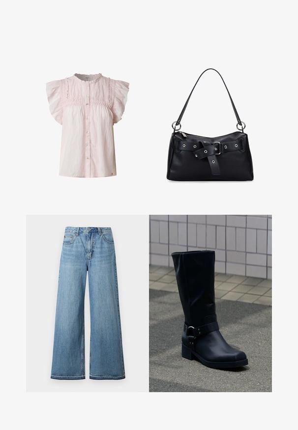 Blusa rosa claro con mangas cortas abullonadas, cuerpo fruncido, escote redondo y cierre de botones en la parte frontal. Hecha de una tela ligera con una textura suave.; Jeans de mezclilla azul claro de cintura alta con piernas anchas, cierre frontal con botones y cremallera, y diseño de cinco bolsillos.; Bota negra de cuero hasta la mitad de la pantorrilla con un tacón bajo de bloque y una correa decorativa con hebilla metálica alrededor del tobillo, sobre un pavimento de baldosas.; Bolso de mano de cuero negro con una correa de hombro curvada, que presenta un detalle en la parte frontal con herrajes plateados y acentos circulares. Acabado texturizado.
