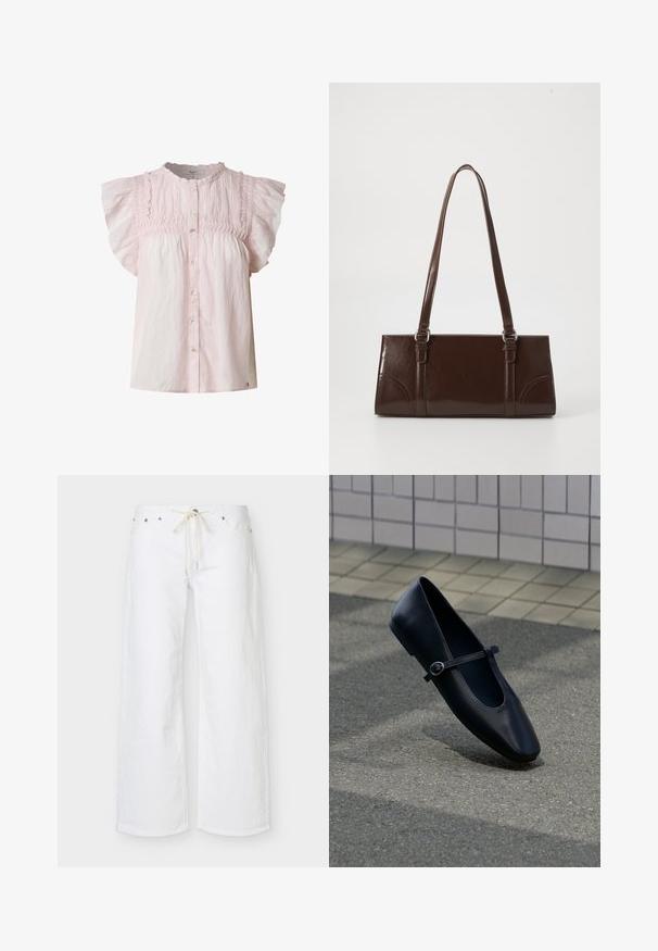Blusa rosa claro con mangas cortas abullonadas, cuerpo fruncido, escote redondo y cierre de botones en la parte frontal. Hecha de una tela ligera con una textura suave.; Pantalones blancos de pierna ancha con bolsillos delanteros y un cordón beige en la cintura, mostrados sobre un fondo liso.; Zapato plano Mary Jane de cuero negro con una pequeña correa con hebilla, colocado sobre una superficie de asfalto gris cerca de una pared alicatada.; Bolso de mano de piel sintética marrón con forma rectangular, dos asas largas y sutiles acentos curvados en la parte delantera.