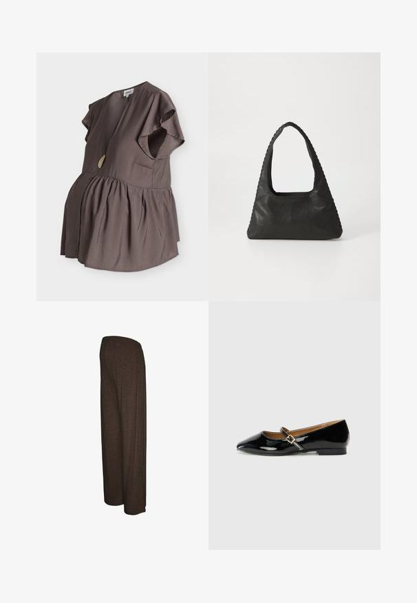 Blouse de maternité marron à manches courtes avec encolure en V, détail de boutons dorés, taille plissée et tissu ample et fluide. Aucune personne visible.; Pantalon large marron foncé à taille élastique, ample, montré de profil sur fond blanc.; Chaussure plate en cuir verni noir avec un bout pointu, une bride de cheville avec une boucle en tonalité dorée, et un petit talon carré. Fini lisse et brillant.; Sac à main en cuir noir de forme triangulaire, avec une grande poignée découpée et des coutures détaillées le long des bords. Texture lisse.