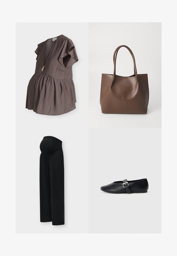Blouse de maternité marron à manches courtes avec encolure en V, détail de boutons dorés, taille plissée et tissu ample et fluide. Aucune personne visible.; Pantalon de maternité noir à jambes larges avec ceinture élastique conçu pour s'adapter à un ventre qui s'arrondit.; Chaussures plates en cuir noir avec un design à bout rond, dotées d'une sangle à boucle sur le côté et d'une texture lisse. Semelle basse pour un confort optimal.; Sac en cuir marron avec deux longues poignées, forme structurée, texture lisse et design minimaliste. Aucun matériel ni accent visible.