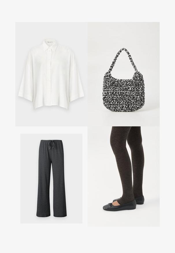 Blouse blanche boutonnée avec un col, des épaules tombantes et des manches courtes larges. Fabriquée en tissu léger et texturé.; Pantalon à jambes larges rayé horizontal noir et blanc avec taille élastique et cordon de serrage à l'avant.; Jambes portant des leggings côtelés foncés associés à des ballerines noires avec de petits détails en nœud sur fond blanc.; Sac en osier noir et blanc de forme arrondie, avec une surface texturée et une poignée tressée. Convient à un usage décontracté.