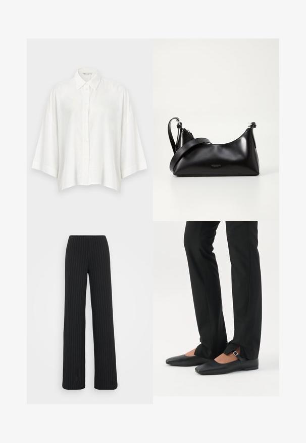 Blouse blanche boutonnée avec un col, des épaules tombantes et des manches courtes larges. Fabriquée en tissu léger et texturé.; Vero Moda Tall VMBERLIN MY WIDE - Pantalon classique - obsidian/oatmeal; Jambes vêtues d’un pantalon slim noir avec des fentes à l’avant de l’ourlet, assorties à des chaussures plates Mary Jane noires avec une petite bride à boucle.; Sac à main en cuir noir avec une texture lisse. Dispose d'une bandoulière adjustable et d'un design élégant et minimaliste avec une fermeture éclair.