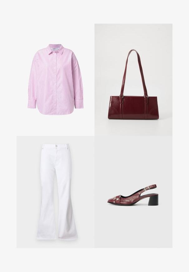 Chemise à manches longues boutonnee, rayée verticalement rose et blanche, avec col et poignets boutonnés, présentée sur un fond blanc.; Jean en denim blanc taille haute avec jambe évasée, fermeture par bouton et zip, poches avant et arrière, présenté sur un fond uni.; Chaussure slingback en cuir bordeaux avec un bout arrondi, un design incurvé, des accents en métal argenté et un talon bloc. Finition texturée.; Sac à main bordeaux en matériau brillant, de forme rectangulaire, avec deux anses et des accents légèrement courbés à l'avant.