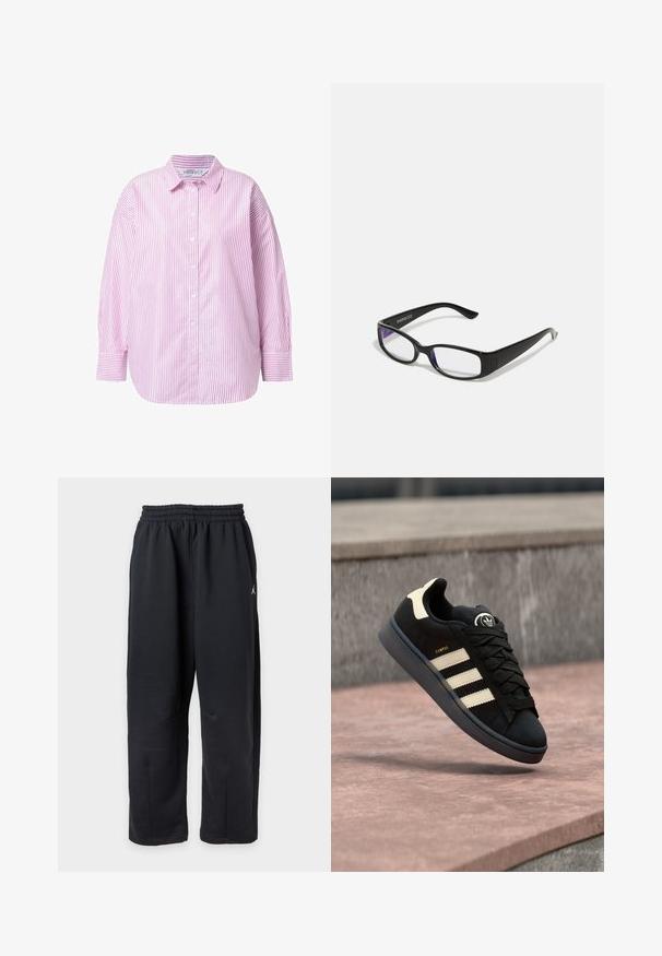 Chemise à manches longues boutonnee, rayée verticalement rose et blanche, avec col et poignets boutonnés, présentée sur un fond blanc.; Pantalon de survêtement noir à coupe ample avec taille élastique et petit logo blanc sur le côté droit.; Baskets en daim noir avec trois bandes beiges, logo rond sur la languette, lacets plats et semelle rembourrée, étiquetées "CAMPUS."; Des lunettes rectangulaires noires avec des verres transparents. Fini brillant, branches étroites et teinte violette visible sur les bords des verres.
