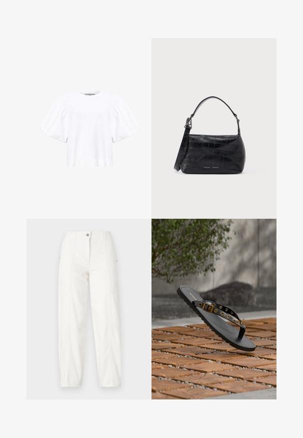 AllSaints JESS TEE - Μπλούζα - optic white; Λευκό παντελόνι cargo με ίσια γραμμή, διαθέτει πλαινές τσέπες, κλείσιμο με κουμπί και ορατές ραφές. Μαλακό, ανθεκτικό ύφασμα.; Μαύρο σανδάλι φλιπ φλοπ με χρυσή πόρπη και οπές να αιωρείται πάνω από ξύλινο πλακάκι σε υπαίθριο δάπεδο με γκρι χαλίκι ανάμεσα.; Μαύρη τσάντα ώμου από δέρμα με ανάγλυφη υφή κροκό, με λαβή στο επάνω μέρος και τυπωμένο λογότυπο στο μπροστινό μέρος.