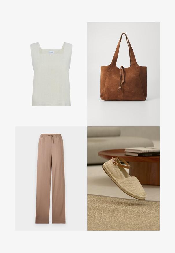 Lys beige ærmeløs top med firkantet udskæring, lavet af tekstureret stof, med et simpelt design og lige kanten.; Beige vidde bukser med elastisk taljebånd og snøre, lavet af letvægtsstof, vist fladt mod en hvid baggrund.; Beige vævet espadrillesko med brunt ankelrem svævende over et tekstureret beige tæppe, med et bord i træ og bøger i baggrunden.; Brun ruskinds tote bag med to lange håndtag, snøre lukning og glat tekstur. Har et enkelt design og minimale accenter.