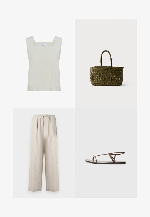 Lys beige ærmeløs top med firkantet udskæring, lavet af tekstureret stof, med et simpelt design og lige kanten.; Lyse beige hørbukser med en afslappet pasform, der har en snøre i taljen og sidelommer for ekstra komfort og stil.; Brun lædersandal med tynde remme, en gylden cirkulær detalje og en flad sål. Minimalistisk design med en justerbar spændedetalje.; Olivengrøn vævet tote-taske med to afrundede håndtag mod en ensartet lys baggrund.