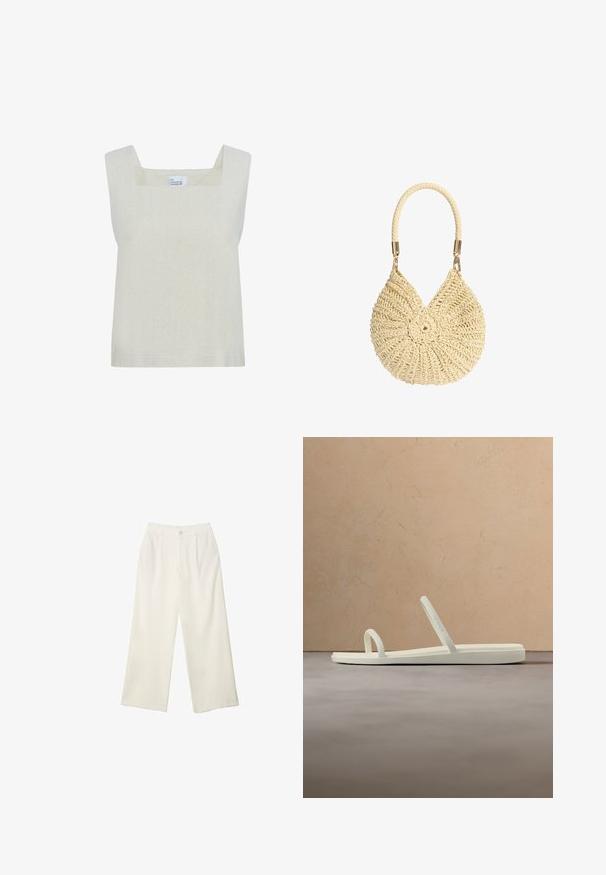 Lys beige ærmeløs top med firkantet udskæring, lavet af tekstureret stof, med et simpelt design og lige kanten.; Bredde bukser i cremefarvet stof med en glat tekstur, der har en enkelt knap foran, diskrete folder og design med høj talje.; Beige minimalistisk sandal med to tynde remme, placeret over et tekstureret tæppe, med et rundt træbord og stablede bøger i baggrunden.; Kremfarvet vævet rund håndtaske med flettet håndtag og guldfarvet metalhardware på hvid baggrund.