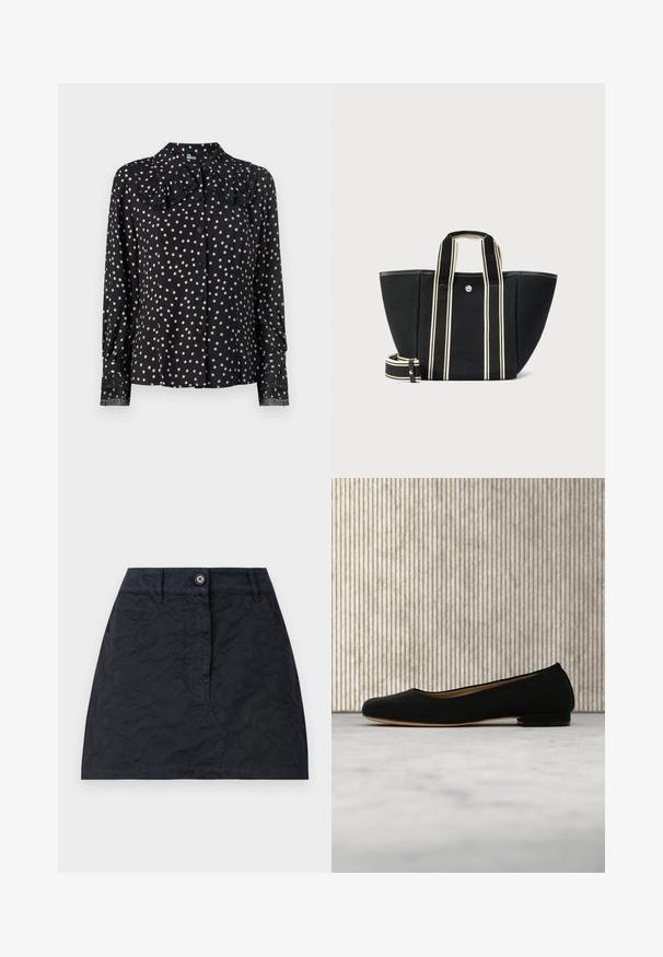 Zwarte blouse met lange mouwen en een gerimpelde kraag, met een stippenpatroon in crème. Knopsluiting aan de voorkant met kantaccent op de manchetten.; Zwarte rok met een gestructureerd patroon, voorzien van een sluiting met knopen aan de voorkant, twee zakken en een getailleerde snit. Gemaakt van duurzame stof.; Zwart ballerina schoentje zwevend boven beige tapijt met een ronde bruine tafel op de achtergrond.; Zwarte draagtas met brede crèmekleurige gestreepte handvatten en afneembare schouderriem, zilverkleurige drukknoopsluiting, gestructureerde rechthoekige vorm.