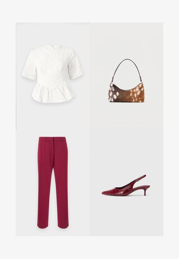 Haut péplum blanc à manches courtes, motif floral texturé, col rond et fermeture éclair au dos. Tissu doux avec un design structuré.; Pantalon bordeaux en tissu lisse avec une coupe droite, équipé d'une ceinture, de passants pour ceinture et de poches latérales. Aucun détail décoratif.; Escarpin à talon kitten en cuir bourgogne avec texture crocodile, bout pointu, bride ajustable et talon bas sur fond blanc.; Sac à bandoulière en fausse fourrure tachetée marron et blanche avec une fine sangle noire, présenté sur un fond blanc.
