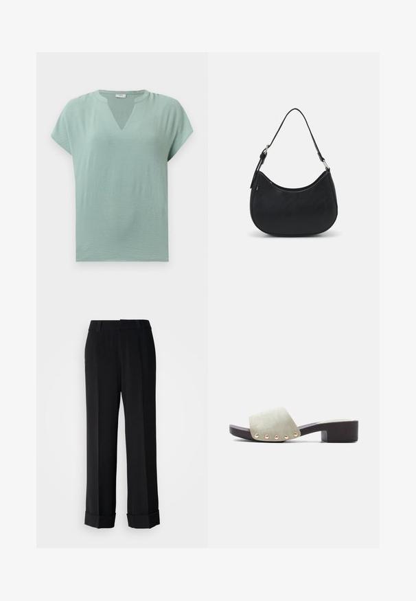Muntgroene blouse met korte mouwen, een V-hals en een gestructureerde afwerking. Zacht stof met een losse pasvorm en subtiele drapering.; Zwarte wijde broek met een tailor-made ontwerp, voorzien van een manchet aan de zoom en een gladde stofstructuur voor een verfijnde uitstraling.; Open-toe muil sandaal met lichtbeige suède bovenwerk, gouden studs langs de rand en een lage donkerbruine blokhak.; Zwarte hobo tas van soepel leer met een gebogen silhouet, voorzien van een enkele verstelbare schouderriem en minimalistische ontwerpdetails.
